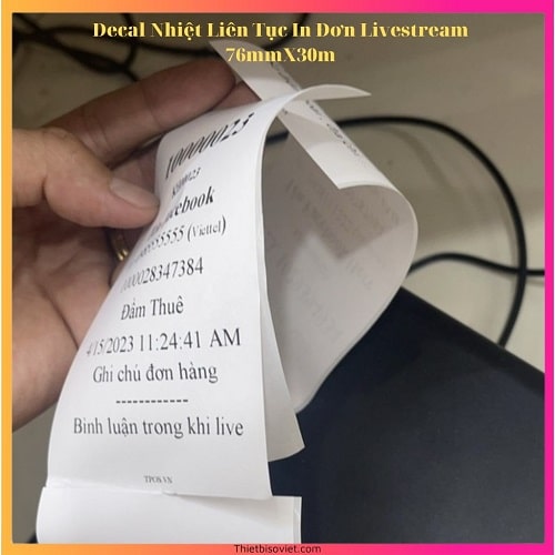 Decal nhiệt liên tục in đơn hàng livestream kích thước 80mm dài 30m